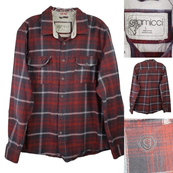GRAMICCI Red Plaid Flannel Long Sleeve Button Down Shirt Mens Large Cotton Hike - Picture 1 of 10